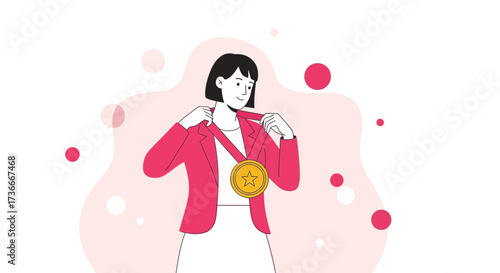 Female Professional Celebrates Achievement By Displaying Star-Shaped Medal Proudly With Joy
