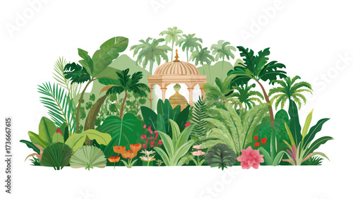 Illustration of a tropical garden with a domed structure surrounded by lush greenery and palm trees