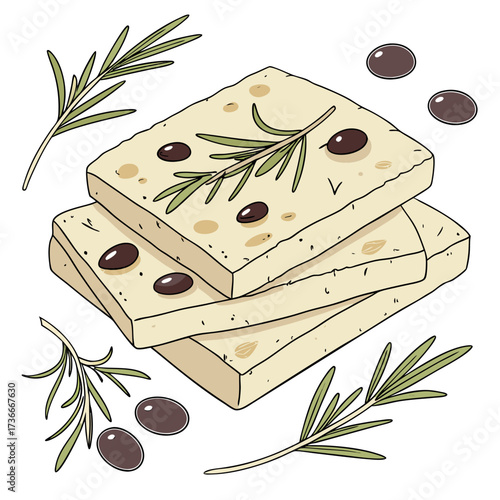 Delicious focaccia bread with olives and fresh rosemary sprigs, perfect for culinary inspiration and Italian food themes