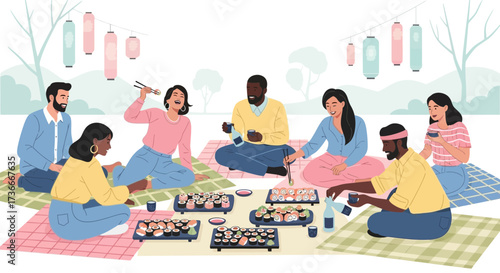 Group of friends enjoying a sushi picnic outdoors with japanese lanterns and drinks
