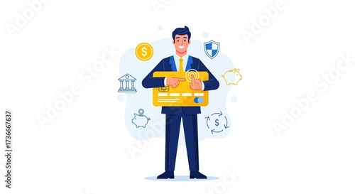 Financial Advisor Holding Credit Card and Icons Illustrating Banking and Security