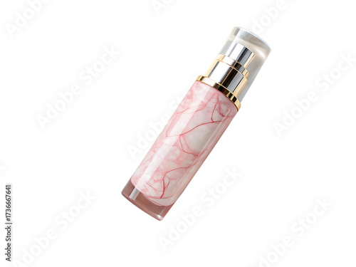 Elegant pink floral patterned bottle with clear pump dispenser isolated on transparent background