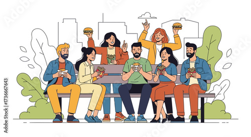 Group Of Friends Enjoying Burgers And Fries While Relaxing Outdoors Together