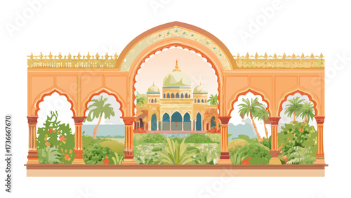 Illustration of a building with arches and palm trees viewed through an arched structure outside scene