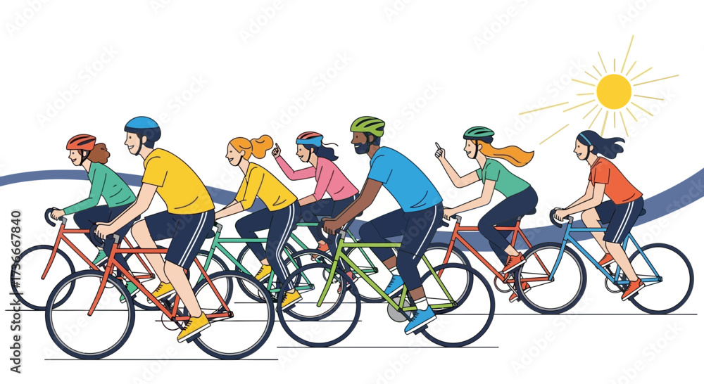 Obraz premium Group of Friends or Family Riding Bicycles in the Sunny Weather and Enjoying