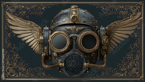 Steampunk Gas Mask with Wings and Mechanical Gears. Generative AI
