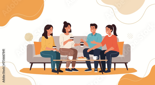 Group Of Friends Laughing And Talking While Enjoying Beverages Together Indoors