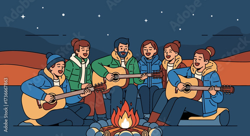 Group of Friends Playing Guitars and Singing Around a Campfire at Night under the Stars