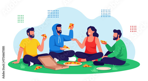 Group Of Friends Sharing Pizza Outdoors Having Fun Together Celebrating Enjoying Food