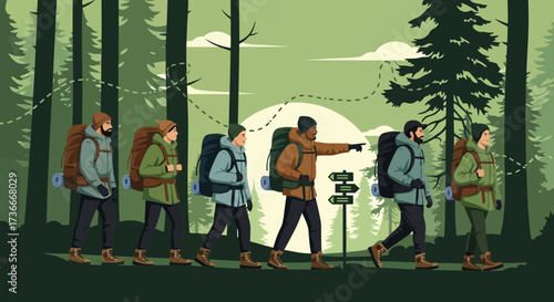 Group of hikers walking through a forest following a trail with backpacks