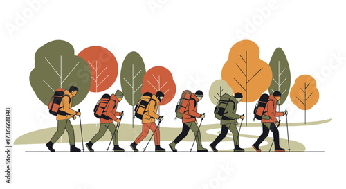 Group of hikers with backpacks walking in nature with trees and adventure elements