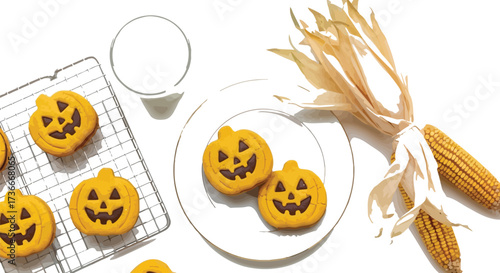 Delicious pumpkin shaped halloween cookies with milk and corn stalks for a festive treat