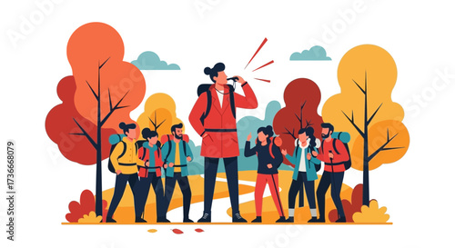 Group of Hikers with leader in the forest ready for a camping adventure