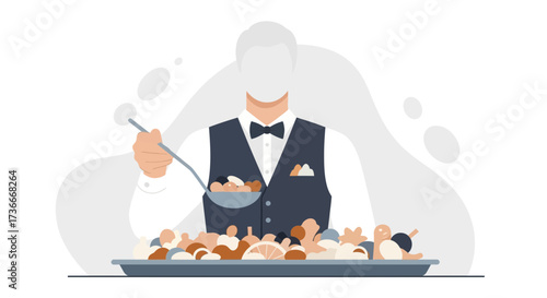 Fine Dining Presentation: A Server Ladling Variety Of Food onto a Platter