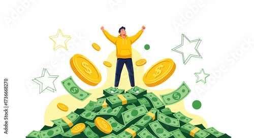 Financial Success Depicted: Man Overjoyed on a Pile of Money, Symbolizing Wealth