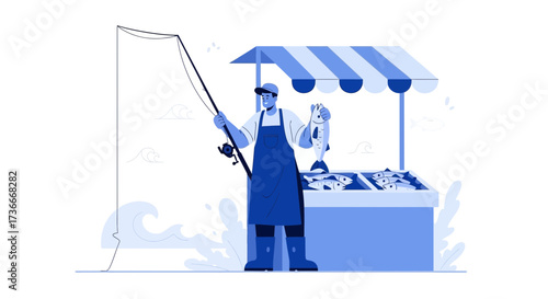 Fisherman Displays His Fresh Catch at the Seaside Fish Market Under a Striped Awning