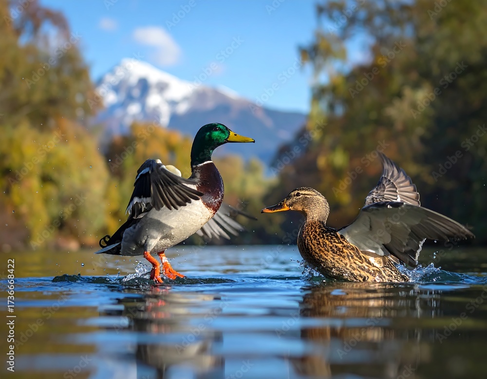 Obraz premium Two mallard ducks gracefully landing on a calm river, showcasing vibrant autumn colors and a backdrop of majestic mountains.