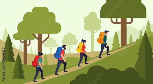 Group of people hiking uphill in a forest with backpacks, vector illustration