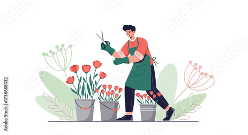 Florist Expertly Trims Flowers With Shears Beside Grouped Flowerpots for a Floral Design