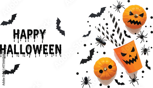 Spooky halloween flat lay with pumpkins bats spiders and a jack o lantern cup