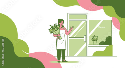 Florist welcoming customer, offering flowers bouquet in a minimalist illustration
