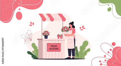 Florist Woman Selling Fresh Floral Blooms At Beautifully Designed Flower Shop Stand