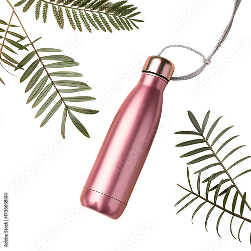 Elegant rose gold insulated water bottle with natural green foliage isolated on transparent background