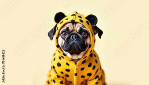 A pug dressed as a leopard on a yellow wall
