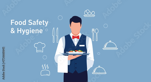 Food Hygiene Professionalism Presented on A Blue Clean Background with Food Symbols