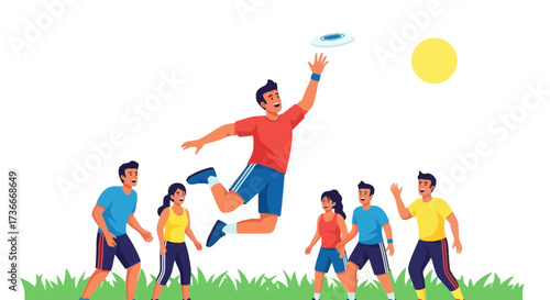 Group playing frisbee outdoors for leisure and sport activity with a sunny background