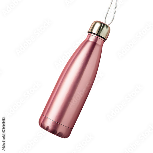 Shiny metallic pink water bottle with silver cap and hanging string isolated on transparent background