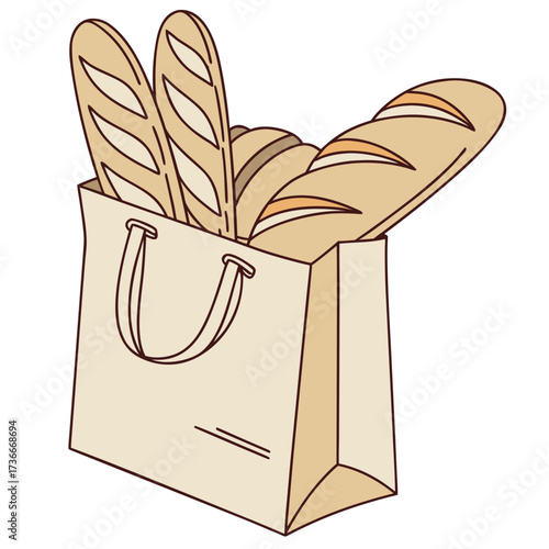 Fresh baguettes in a paper bag ready for a picnic or bakery display with delicious crusty bread and simple illustration style for food lovers