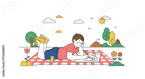 Happy Boy Drawing Nature Artwork Outline On A Picnic Blanket Outdoors During Daytime