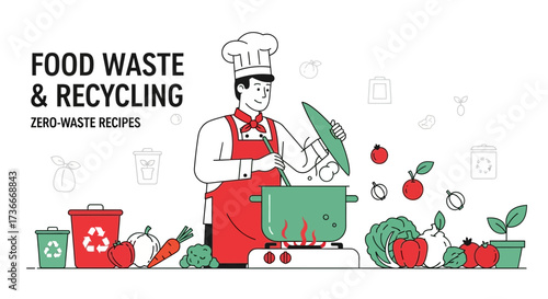 Food waste and recycling concept with chef cooking sustainable zero waste recipes