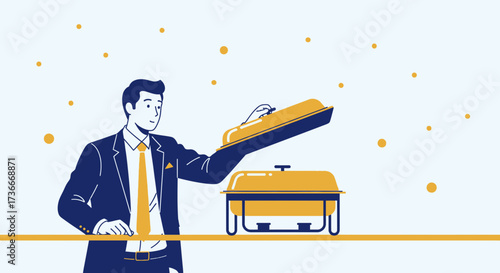 Formal Clad Man Reveals Served Food, Catering Presentation, Buffet Meal Displayed