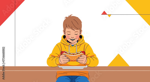 Happy Boy Holding a Hot Dog Ready to Eat, Fast Food Illustration