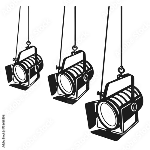Three hanging stage lights illuminate a theatrical scene with dramatic flair and create a spotlight effect for performance or presentation purposes