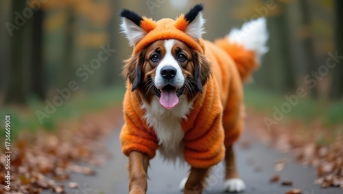 A dog in a fox costume in nature