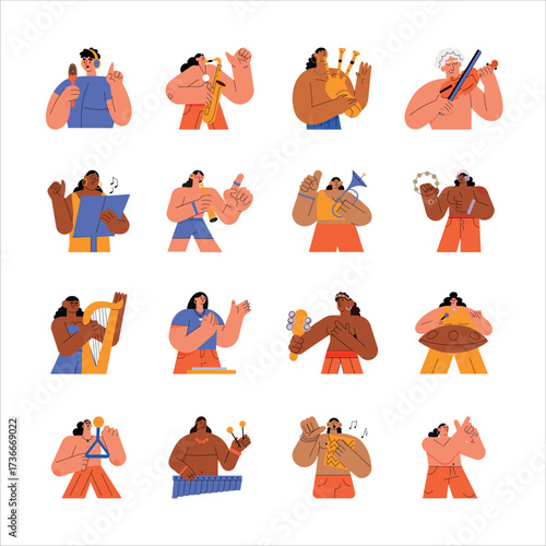 Handy Set of 16 Musicians Flat Style Illustrations