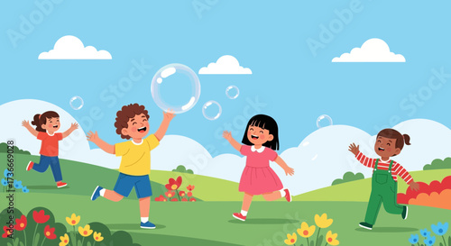 Four joyful children playing outdoors with bubbles, enjoying the freshness of a sunny day
