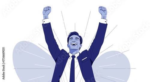 Happy businessman celebrating success with arms raised up in the air with a smile