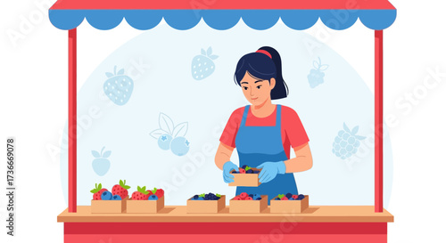 Fresh Berry Market Vendor Smiling, Offering Seasonal Fruit and Promoting Healthy Eating Habits
