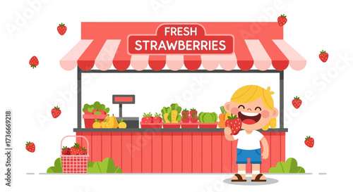 Happy Child Enjoying Fresh Strawberries At The Stall During Sunny Season Purchase