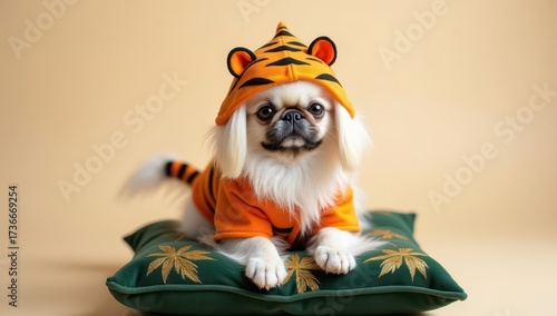 A Pekingese in a tiger costume on a pillow