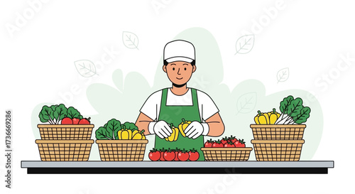 Fresh Produce Display: A Healthy Grocer Carefully Arranging Vegetables in Baskets with Care