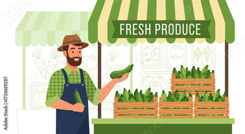 Fresh Produce Seller Displaying Zucchinis, Farmers Market Scene, Selling Garden Vegetables