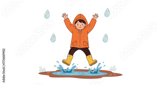 Happy child jumping in a puddle wearing raincoat, illustration in a rainy weather