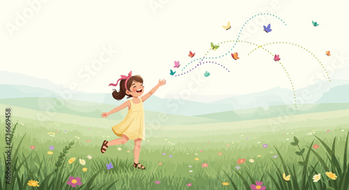 Happy child playing with butterflies on a meadow during a sunny day