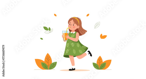 Happy Child Relishing Beverage Wearing Lovely Dress Drinking Juice With Delightful Leaves
