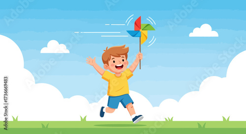 Happy child running with a colorful pinwheel in a beautiful sunny day and sky